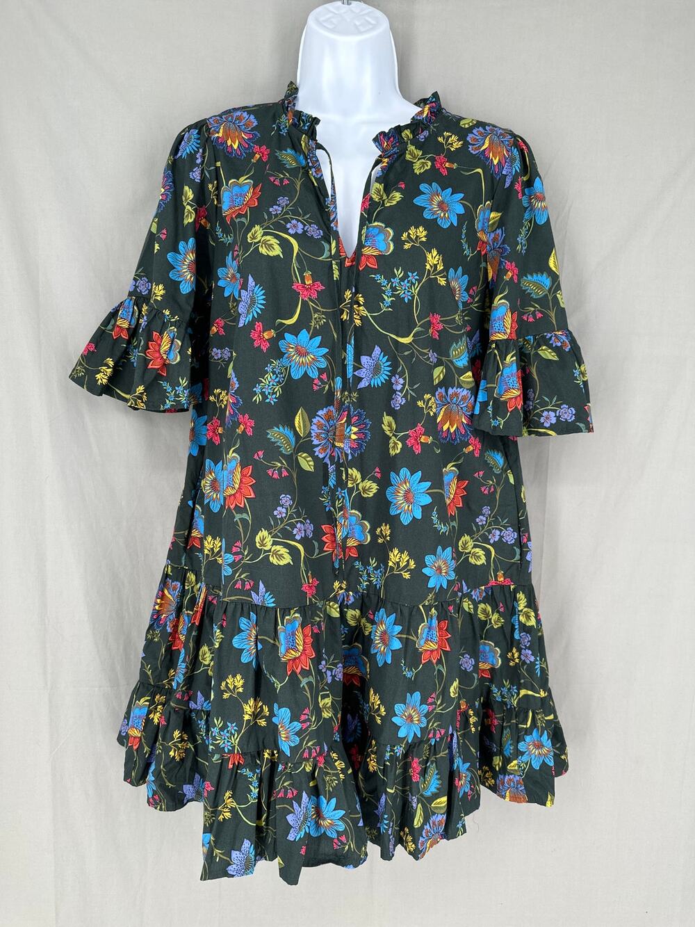 Sugarlips Dress Womens XS Green Blue Floral Mini Auggie Tiered Boho Cottage